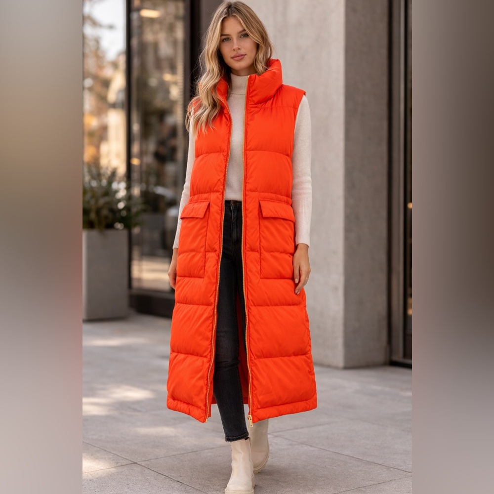 Culture Long Orange Down Puffer Vest | 90% Down | Sleeveless | Size S | NWT